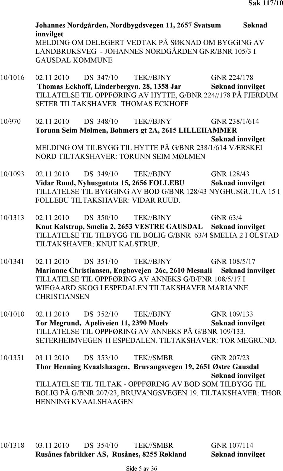 28, 1358 Jar Søknad innvilget TILLATELSE TIL OPPFØRING AV HYTTE, G/BNR 224//178 PÅ FJERDUM SETER TILTAKSHAVER: THOMAS ECKHOFF 10/970 02.11.