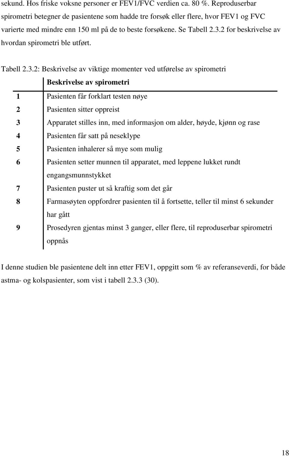 2 for beskrivelse av hvordan spirometri ble utført. Tabell 2.3.