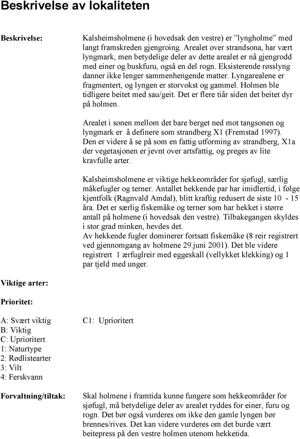 Eksisterende røsslyng danner ikke lenger sammenhengende matter. Lyngarealene er fragmentert, og lyngen er storvokst og gammel. Holmen ble tidligere beitet med sau/geit.