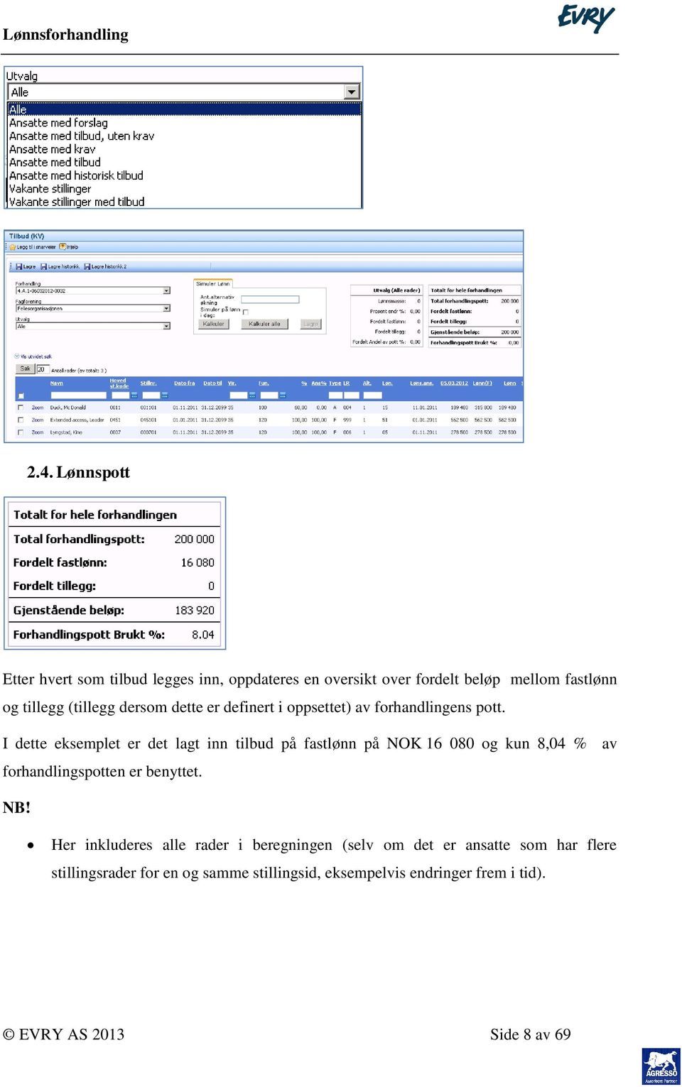 I dette eksemplet er det lagt inn tilbud på fastlønn på NOK 16 080 og kun 8,04 % av forhandlingspotten er benyttet. NB!