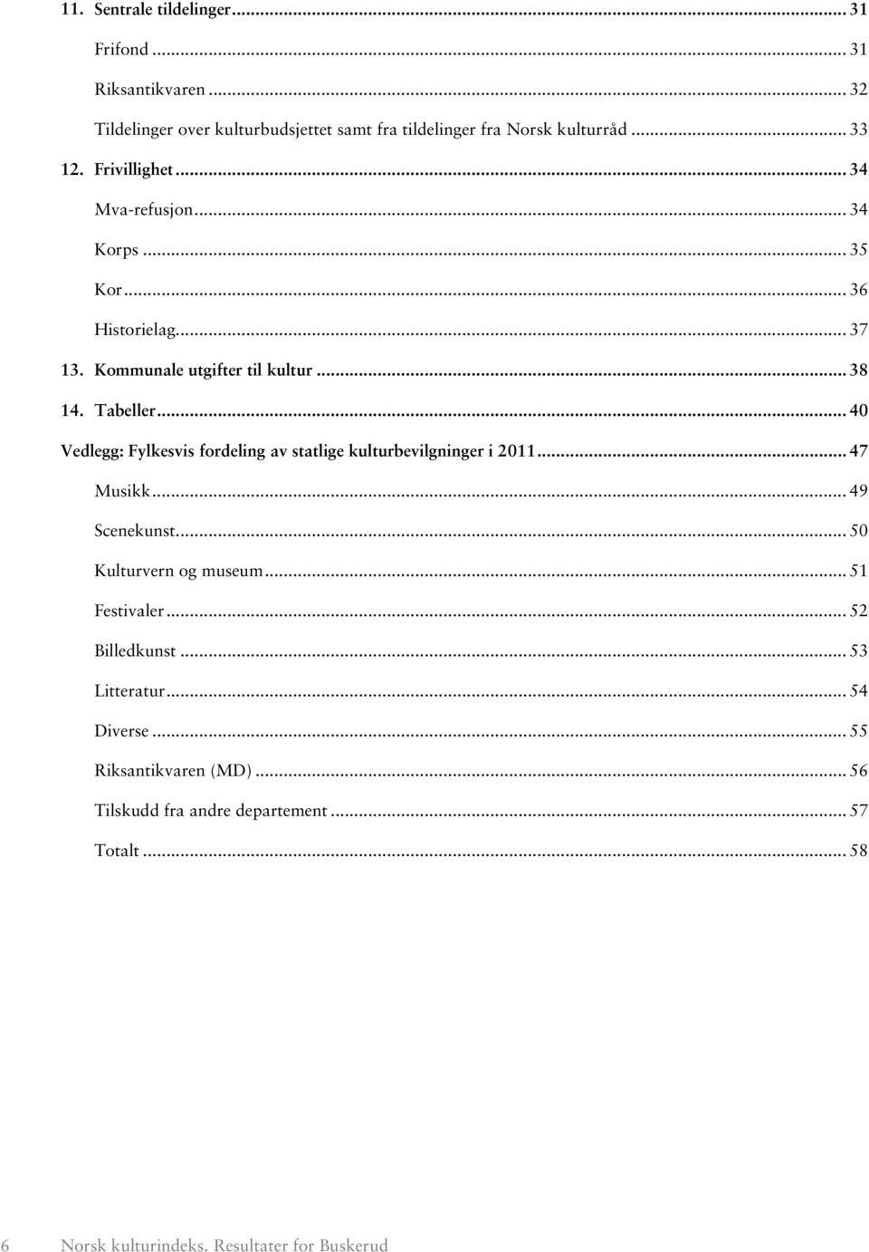 .. 40 Vedlegg: Fylkesvis fordeling av statlige kulturbevilgninger i 2011... 47 Musikk... 49 Scenekunst... 50 Kulturvern og museum... 51 Festivaler.