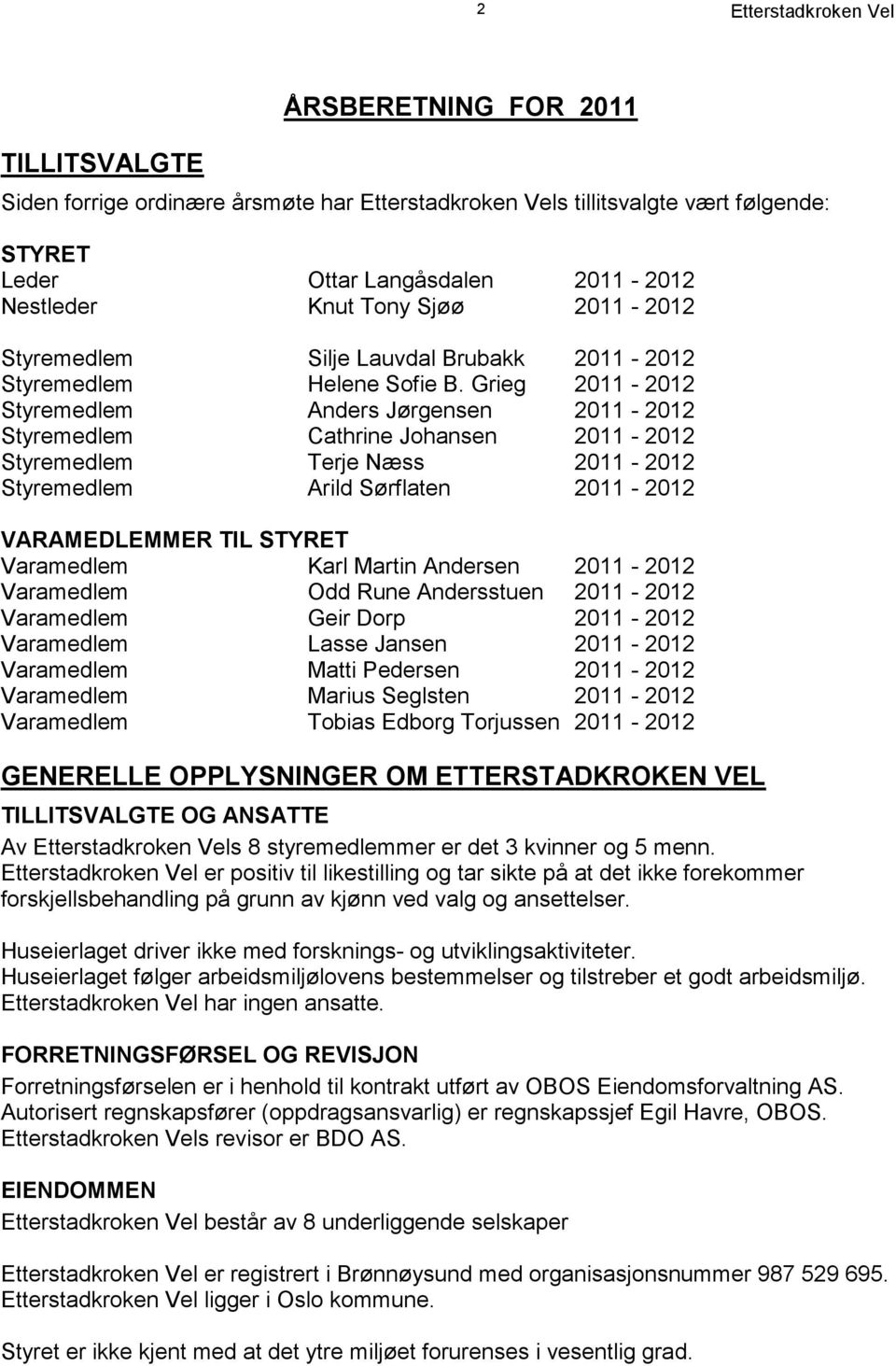 Grieg 2011-2012 Styremedlem Anders Jørgensen 2011-2012 Styremedlem Cathrine Johansen 2011-2012 Styremedlem Terje Næss 2011-2012 Styremedlem Arild Sørflaten 2011-2012 VARAMEDLEMMER TIL STYRET