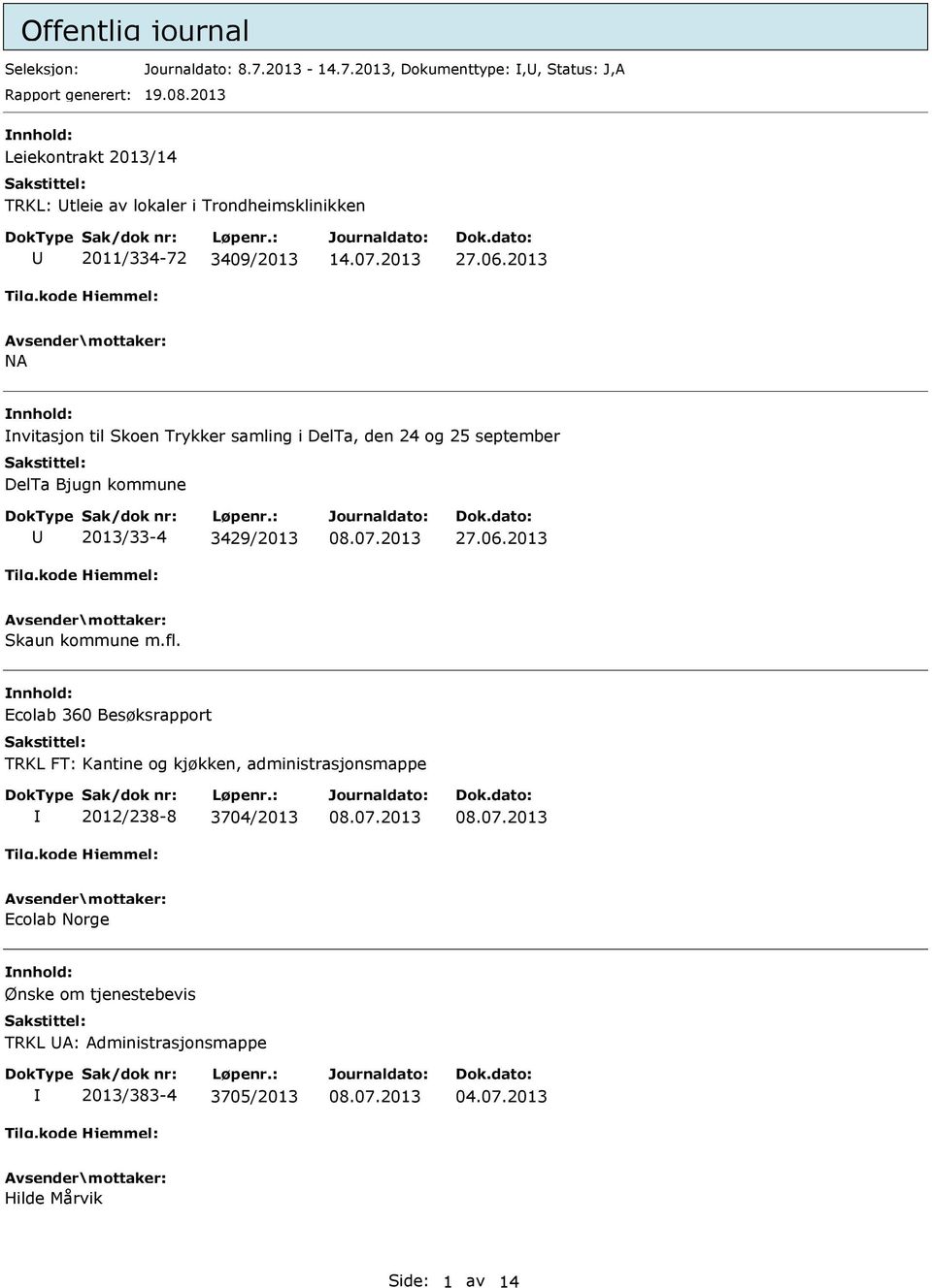 2013 NA nvitasjon til Skoen Trykker samling i DelTa, den 24 og 25 september DelTa Bjugn kommune 2013/33-4 3429/2013 27.06.