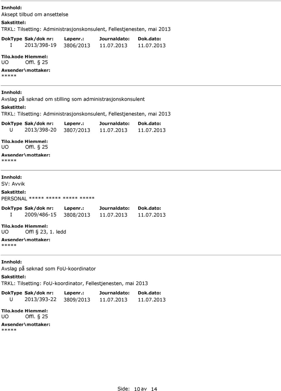Fellestjenesten, mai 2013 O 2013/398-20 3807/2013 Offl. 25 SV: Avvik PERSONAL O 2009/486-15 3808/2013 Offl 23, 1.