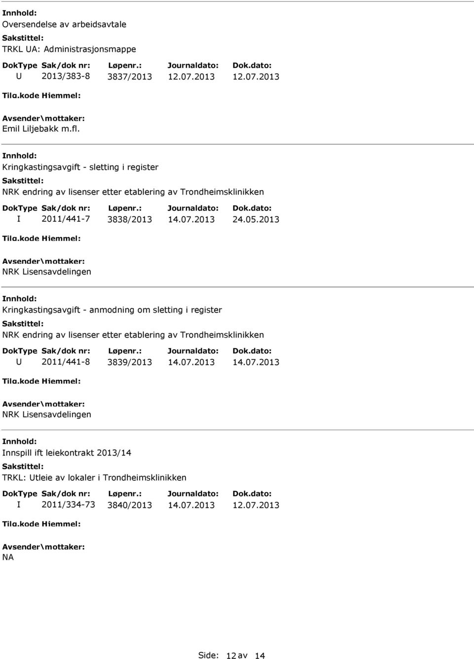 2013 NRK Lisensavdelingen Kringkastingsavgift - anmodning om sletting i register NRK endring av lisenser etter etablering av