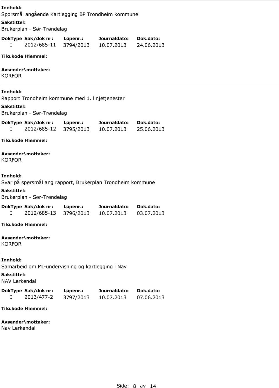 2013 Svar på spørsmål ang rapport, Brukerplan Trondheim kommune Brukerplan - Sør-Trøndelag 2012/685-13 3796/2013