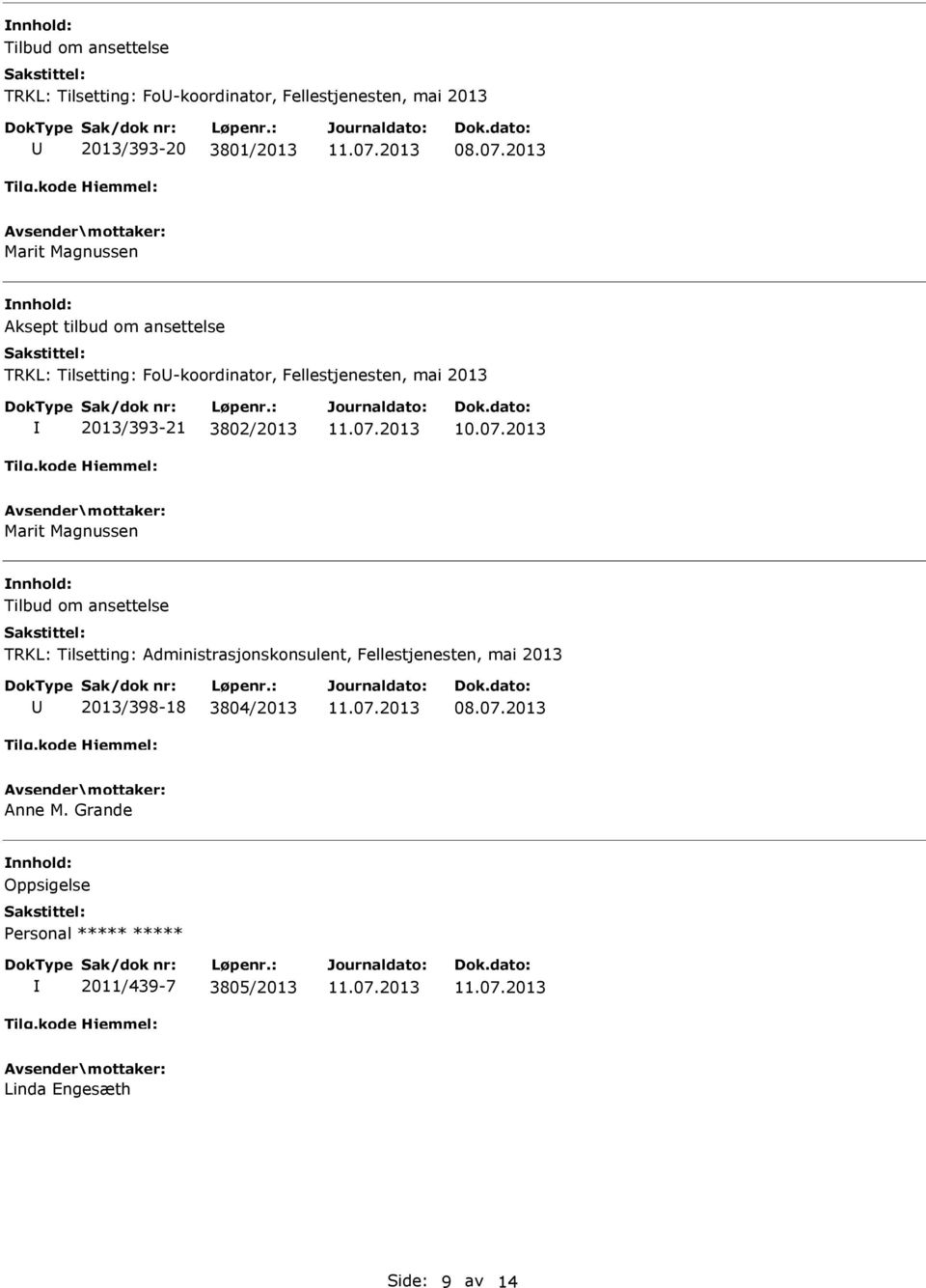 3802/2013 Marit Magnussen Tilbud om ansettelse TRKL: Tilsetting: Administrasjonskonsulent, Fellestjenesten,