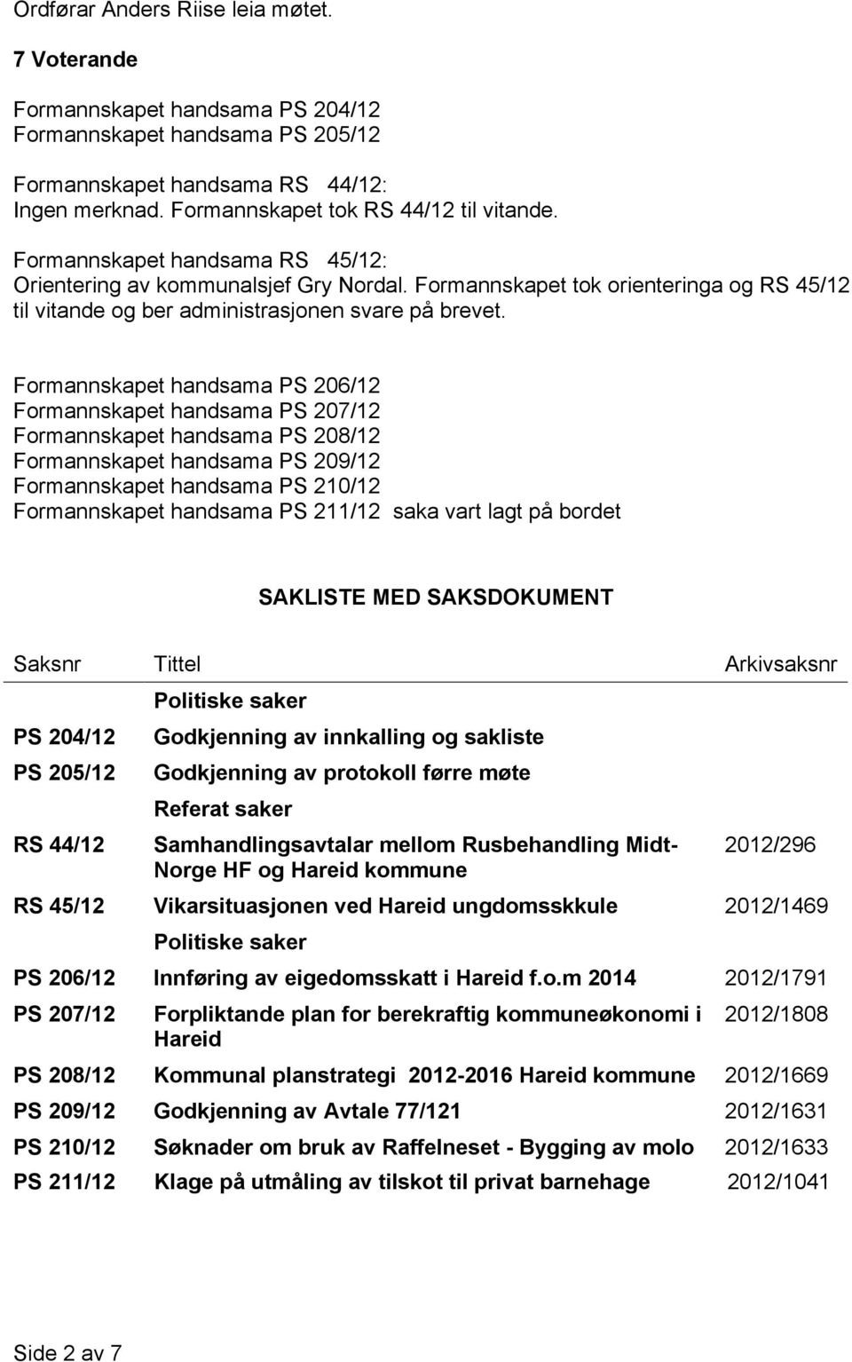 Formannskapet handsama PS 206/12 Formannskapet handsama PS 207/12 Formannskapet handsama PS 208/12 Formannskapet handsama PS 209/12 Formannskapet handsama PS 210/12 Formannskapet handsama PS 211/12