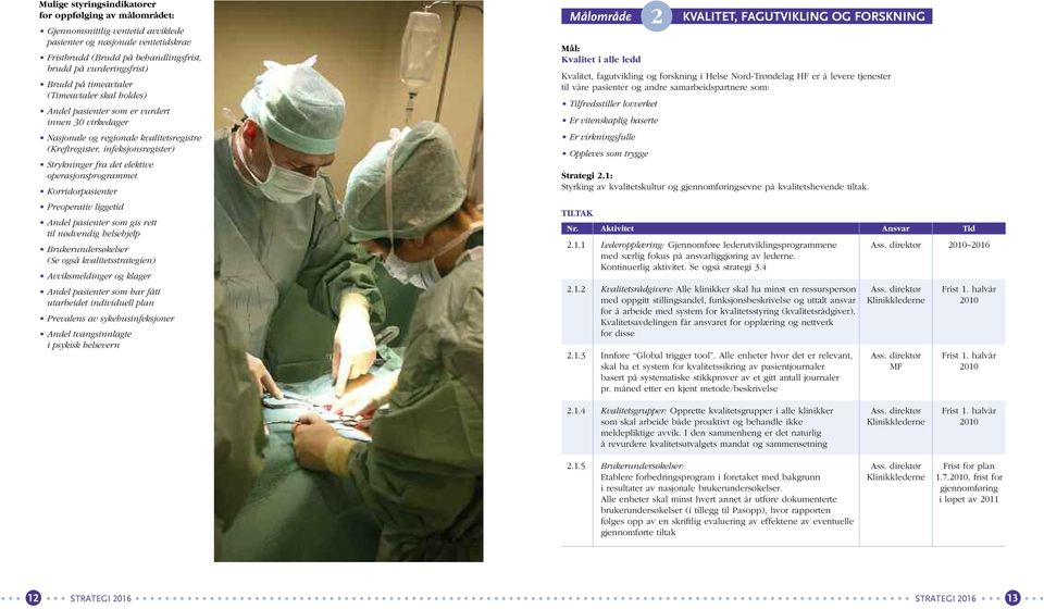 operasjonsprogrammet Korridorpasienter Preoperativ liggetid Andel pasienter som gis rett til nødvendig helsehjelp Brukerundersøkelser (Se også kvalitetsstrategien) Avviksmeldinger og klager Andel