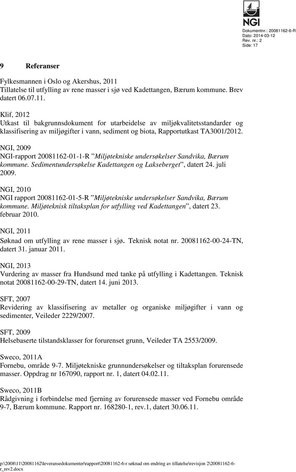 NGI, 2010 NGI rapport 20081162-01-5-R Miljøtekniske undersøkelser Sandvika, Bærum kommune. Miljøteknisk tiltaksplan for utfylling ved Kadettangen, datert 23. februar 2010.