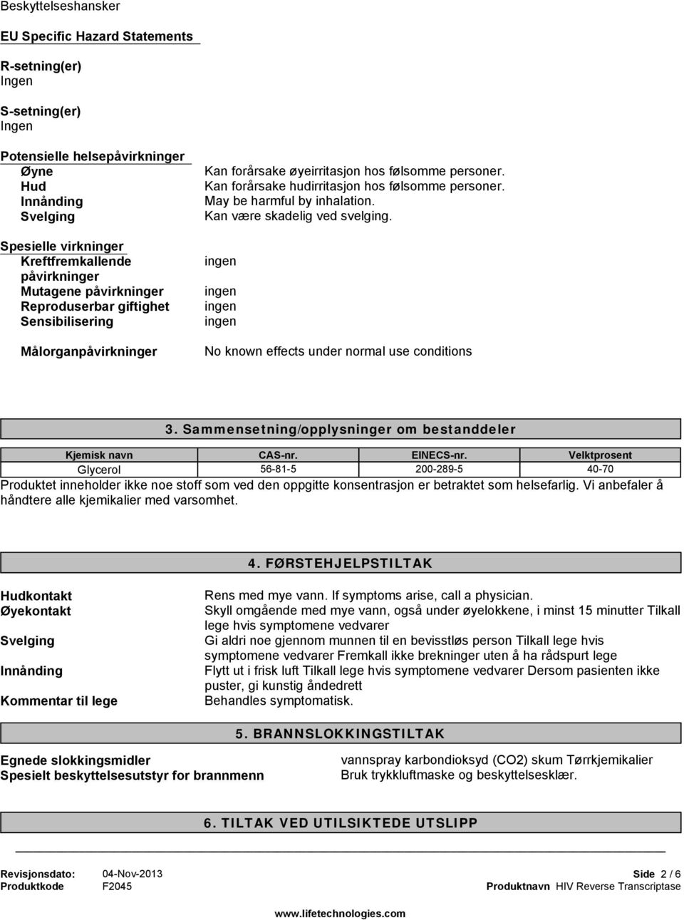 May be harmful by inhalation. Kan være skadelig ved svelging. No known effects under normal use conditions 3. Sammensetning/opplysninger om bestanddeler CAS-nr. EINECS-nr.