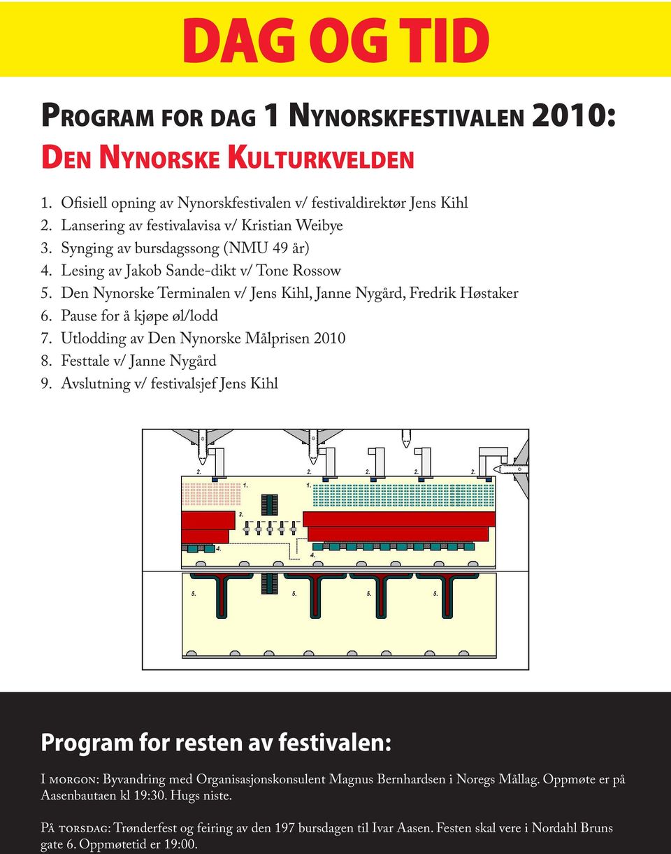 Den Nynorske Terminalen v/ Jens Kihl, Janne Nygård, Fredrik Høstaker 6. Pause for å kjøpe øl/lodd 7. Utlodding av Den Nynorske Målprisen 2010 8. Festtale v/ Janne Nygård 9.