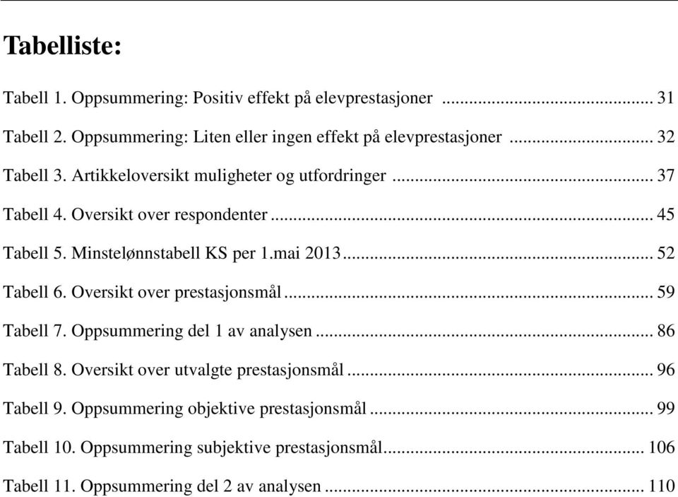 mai 2013... 52 Tabell 6. Oversikt over prestasjonsmål... 59 Tabell 7. Oppsummering del 1 av analysen... 86 Tabell 8.