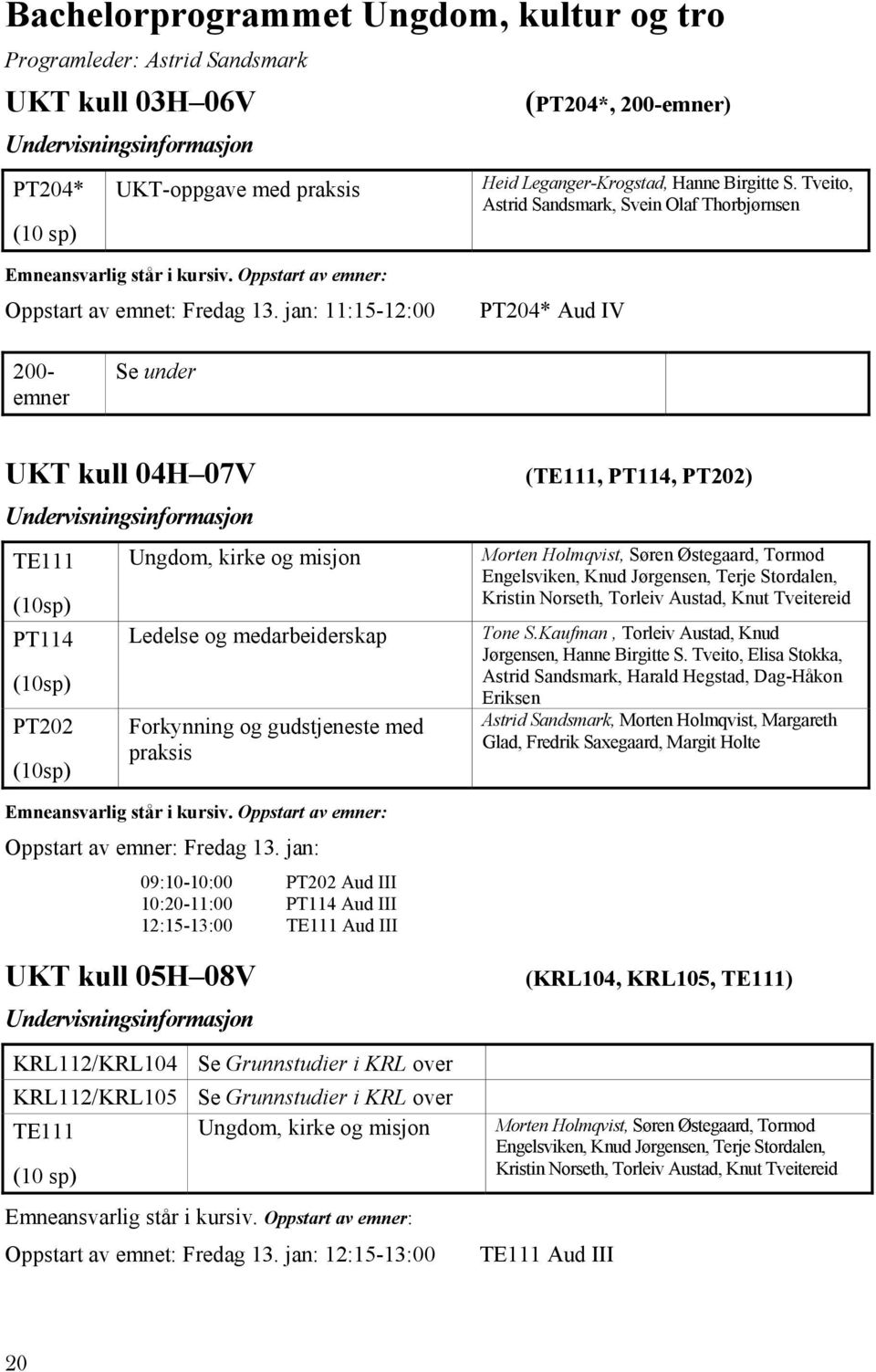 jan: 11:15-12:00 PT204* Aud IV 200- emner Se under UKT kull 04H 07V Undervisningsinformasjon TE111 (10sp) PT114 (10sp) PT202 (10sp) Ungdom, kirke og misjon Ledelse og medarbeiderskap Forkynning og