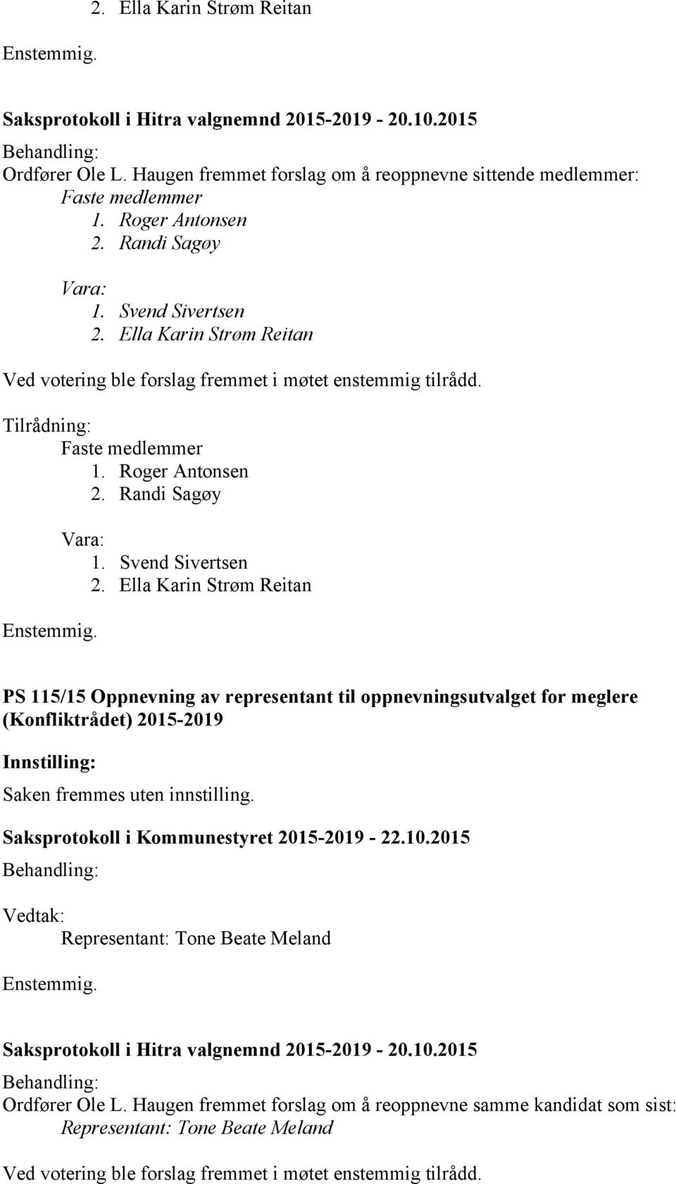 Ella Karin Strøm Reitan Faste medlemmer 1. Roger Antonsen 2. Randi Sagøy Vara: 1. Svend Sivertsen 2.