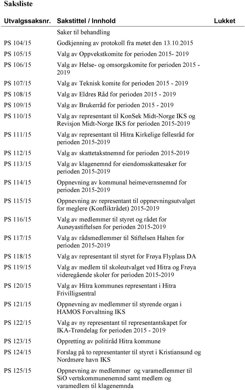 2015 PS 105/15 Valg av Oppvekstkomite for perioden 2015-2019 PS 106/15 Valg av Helse- og omsorgskomite for perioden 2015-2019 PS 107/15 Valg av Teknisk komite for perioden 2015-2019 PS 108/15 Valg av