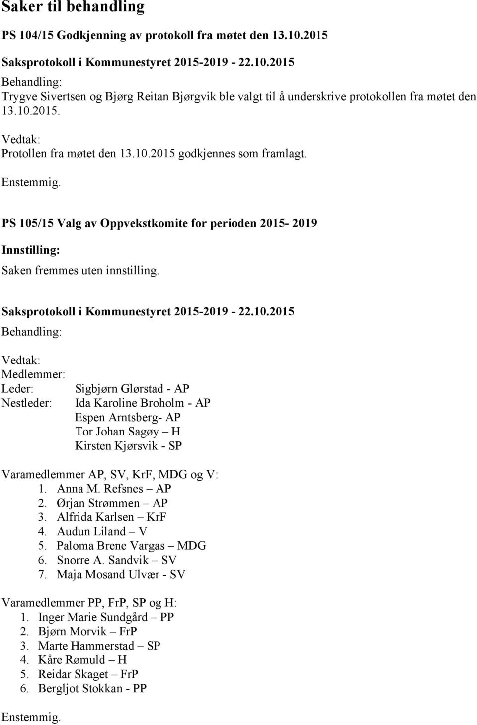 Medlemmer: Leder: Nestleder: Sigbjørn Glørstad - AP Ida Karoline Broholm - AP Espen Arntsberg- AP Tor Johan Sagøy H Kirsten Kjørsvik - SP Varamedlemmer AP, SV, KrF, MDG og V: 1. Anna M. Refsnes AP 2.