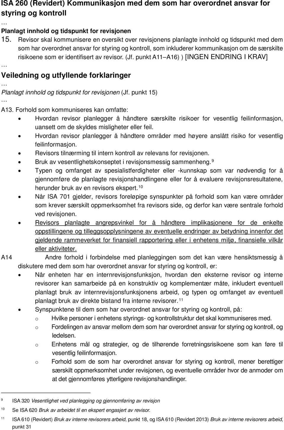 som er identifisert av revisor. (Jf. punkt A11 A16) ) [INGEN ENDRING I KRAV] Veiledning og utfyllende forklaringer Planlagt innhold og tidspunkt for revisjonen (Jf. punkt 15) A13.