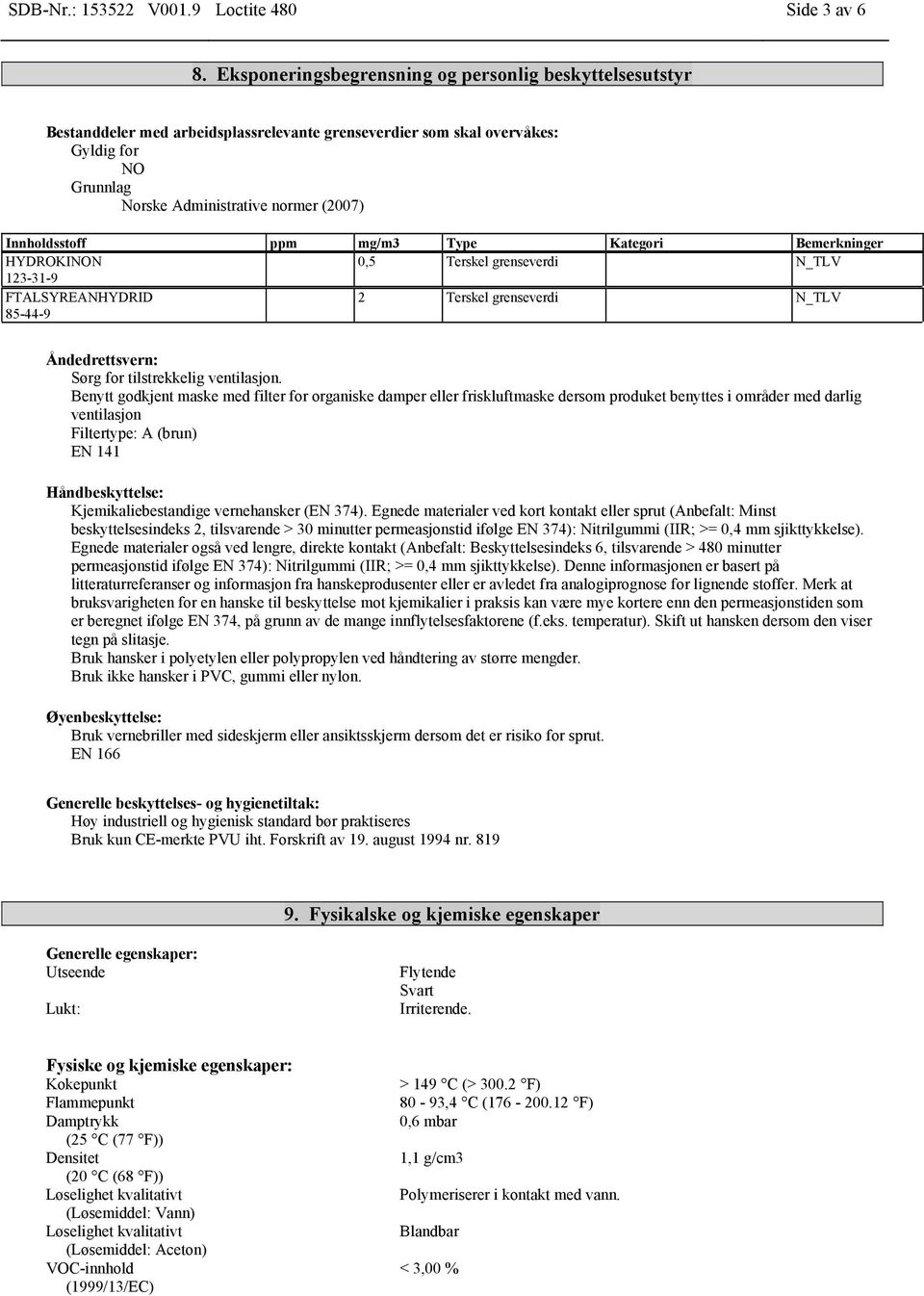 Innholdsstoff ppm mg/m3 Type Kategori Bemerkninger HYDROKINON 0,5 Terskel grenseverdi N_TLV 123-31-9 FTALSYREANHYDRID 85-44-9 2 Terskel grenseverdi N_TLV Åndedrettsvern: Sørg for tilstrekkelig