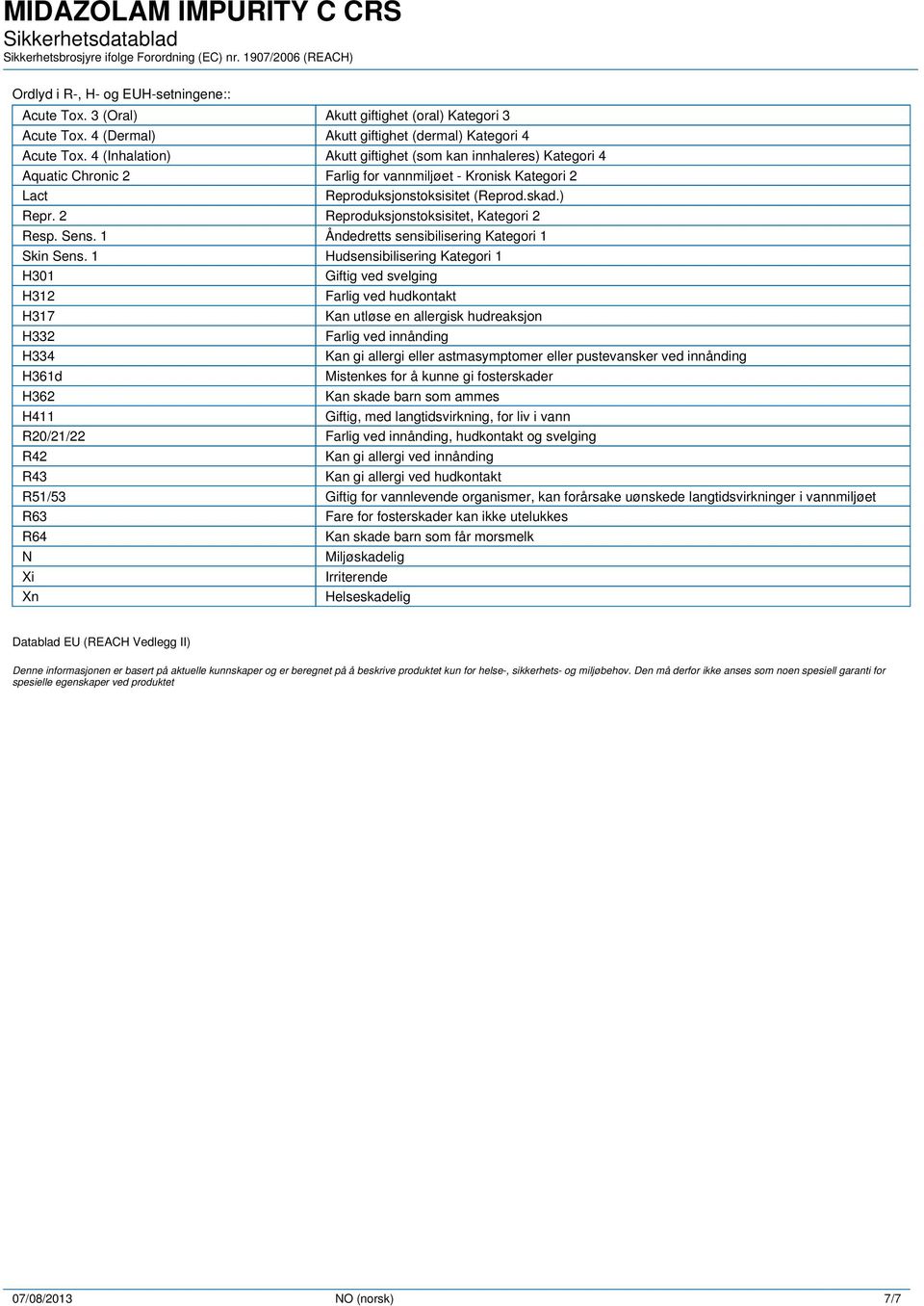 2 Reproduksjonstoksisitet, Kategori 2 Resp. Sens. 1 Åndedretts sensibilisering Kategori 1 Skin Sens.