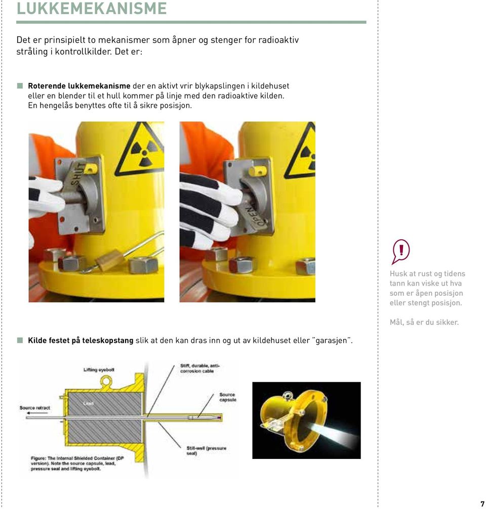 den radioaktive kilden. En hengelås benyttes ofte til å sikre posisjon.