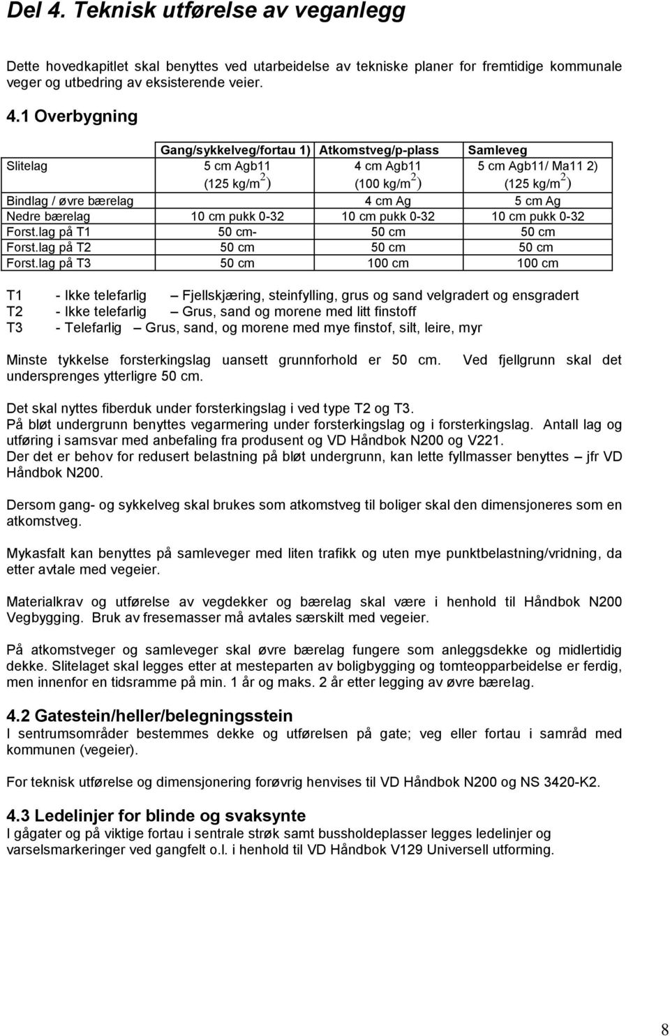 1 Overbygning Gang/sykkelveg/fortau 1) Atkomstveg/p-plass Samleveg Slitelag 5 cm Agb11 (125 kg/m 2 ) 4 cm Agb11 (100 kg/m 2 ) 5 cm Agb11/ Ma11 2) (125 kg/m 2 ) Bindlag / øvre bærelag 4 cm Ag 5 cm Ag