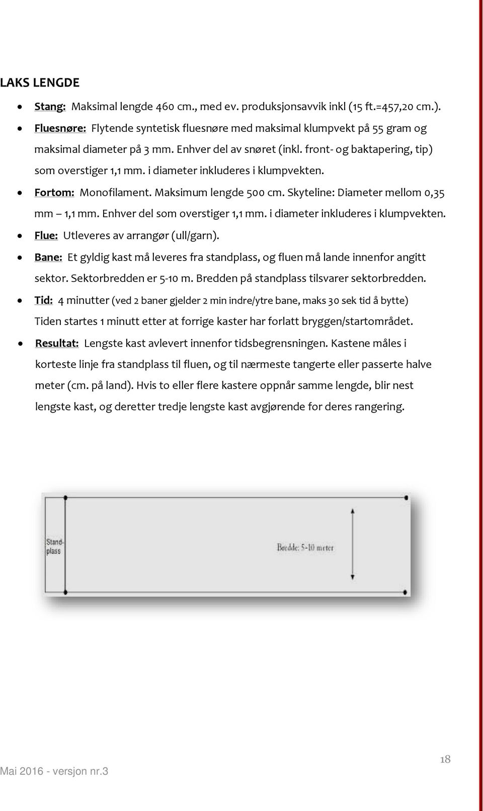 Skyteline: Diameter mellom 0,35 mm 1,1 mm. Enhver del som overstiger 1,1 mm. i diameter inkluderes i klumpvekten. Flue: Utleveres av arrangør (ull/garn).