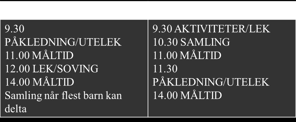 Dagsrytmen 6.45-9.15 ANKOMST/LEK 7.30-8.30 FROKOST CA 8.30 GRUPPENE DELER SEG 14.30 16.