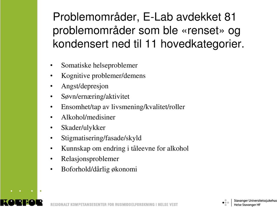 Somatiske helseproblemer Kognitive problemer/demens Angst/depresjon Søvn/ernæring/aktivitet