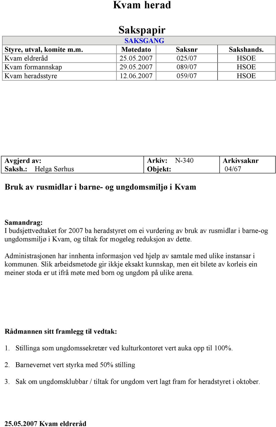 : Helga Sørhus Arkiv: N-340 Objekt: Arkivsaknr 04/67 Bruk av rusmidlar i barne- og ungdomsmiljø i Kvam Samandrag: I budsjettvedtaket for 2007 ba heradstyret om ei vurdering av bruk av rusmidlar i