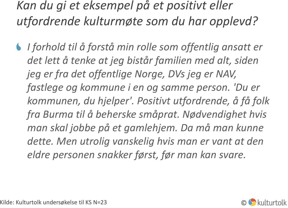 jeg er NAV, fastlege og kommune i en og samme person. 'Du er kommunen, du hjelper'. Positivt utfordrende, å få folk fra Burma til å beherske småprat.