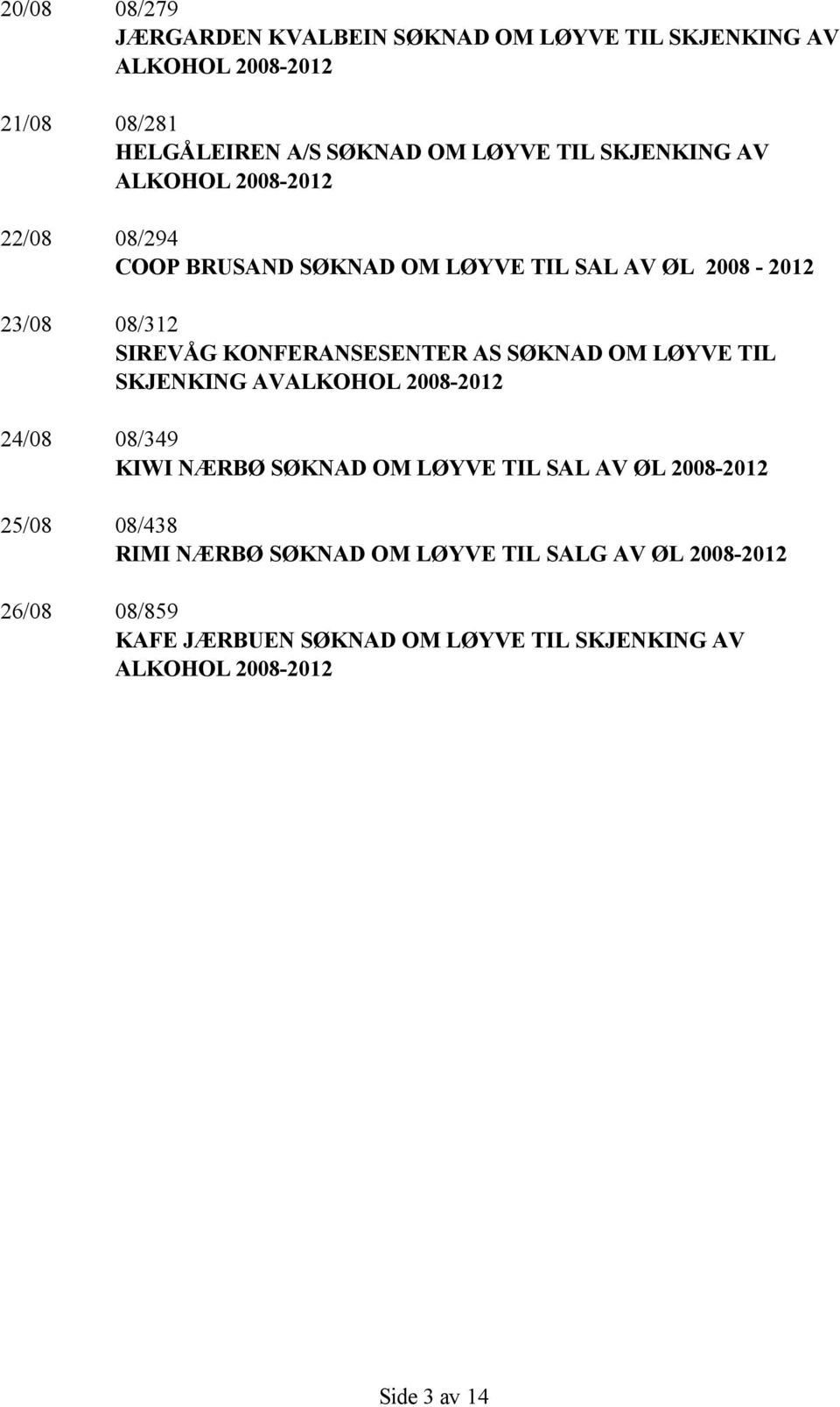 AS SØKNAD OM LØYVE TIL SKJENKING AVALKOHOL 2008-2012 24/08 08/349 KIWI NÆRBØ SØKNAD OM LØYVE TIL SAL AV ØL 2008-2012 25/08 08/438 RIMI