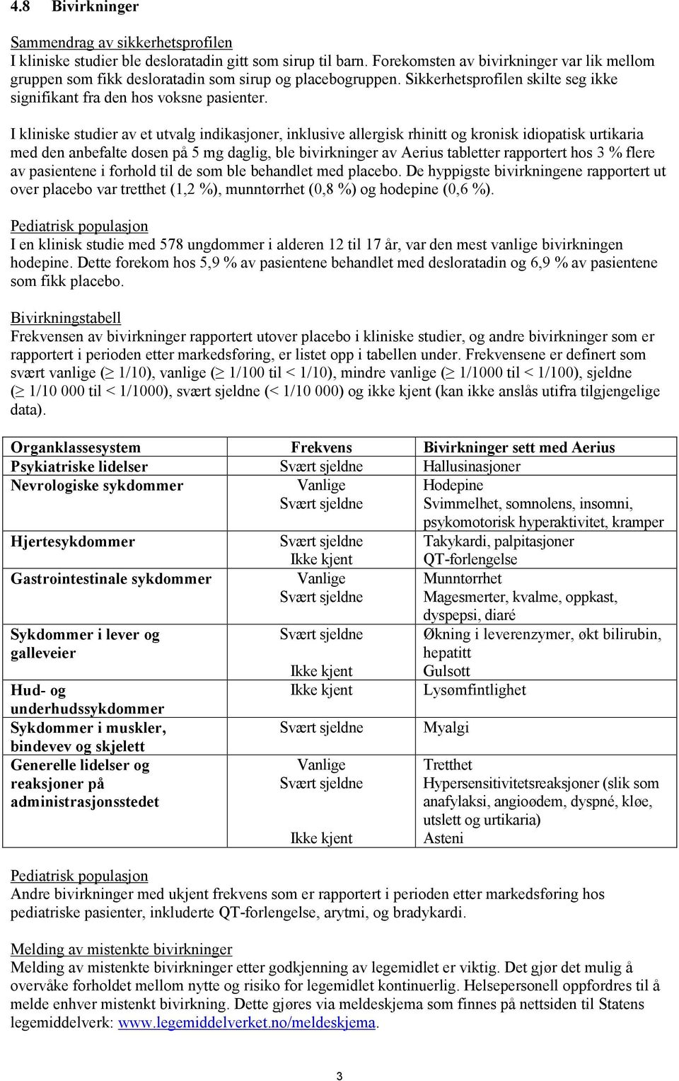 I kliniske studier av et utvalg indikasjoner, inklusive allergisk rhinitt og kronisk idiopatisk urtikaria med den anbefalte dosen på 5 mg daglig, ble bivirkninger av Aerius tabletter rapportert hos 3