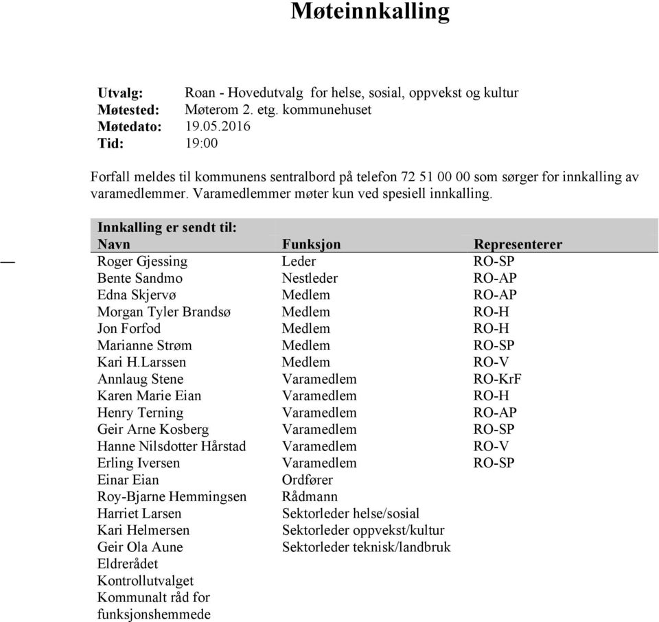 Innkalling er sendt til: Navn Funksjon Representerer Roger Gjessing Leder RO-SP Bente Sandmo Nestleder RO-AP Edna Skjervø Medlem RO-AP Morgan Tyler Brandsø Medlem RO-H Jon Forfod Medlem RO-H Marianne