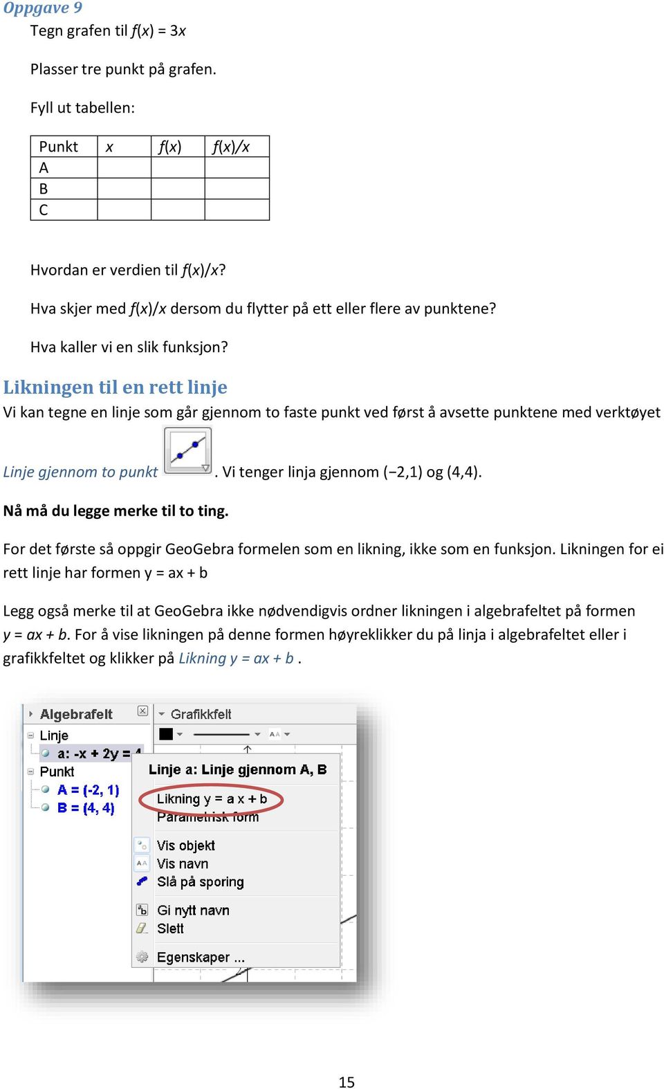 Likningen til en rett linje Vi kan tegne en linje som går gjennom to faste punkt ved først å avsette punktene med verktøyet Linje gjennom to punkt. Vi tenger linja gjennom ( 2,1) og (4,4).