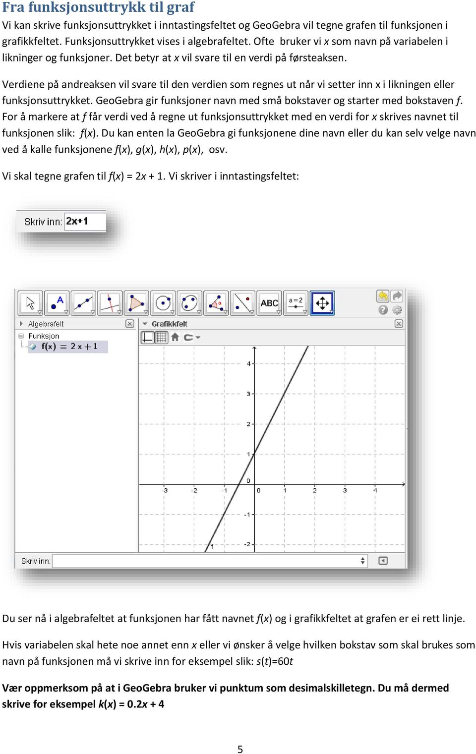 Verdiene på andreaksen vil svare til den verdien som regnes ut når vi setter inn x i likningen eller funksjonsuttrykket. GeoGebra gir funksjoner navn med små bokstaver og starter med bokstaven f.