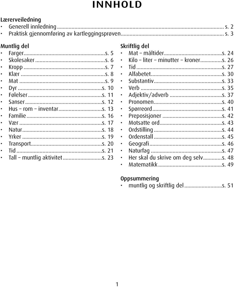 ..s. 26 Tid...s. 27 Alfabetet...s. 30 Substantiv...s. 33 Verb...s. 35 Adjektiv/adverb...s. 37 Pronomen...s. 40 Spørreord...s. 41 Preposisjoner...s. 42 Motsatte ord...s. 43 Ordstilling...s. 44 Ordenstall.