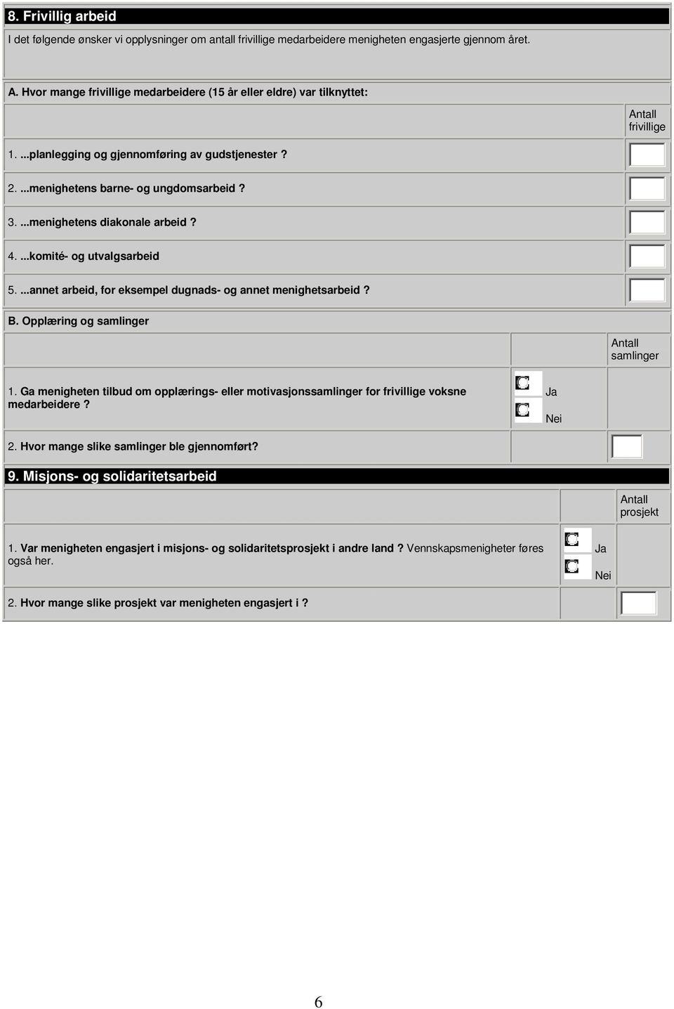 ...menighetens diakonale arbeid? 4....komité- og utvalgsarbeid 5....annet arbeid, for eksempel dugnads- og annet menighetsarbeid? B. Opplæring og samlinger samlinger 1.