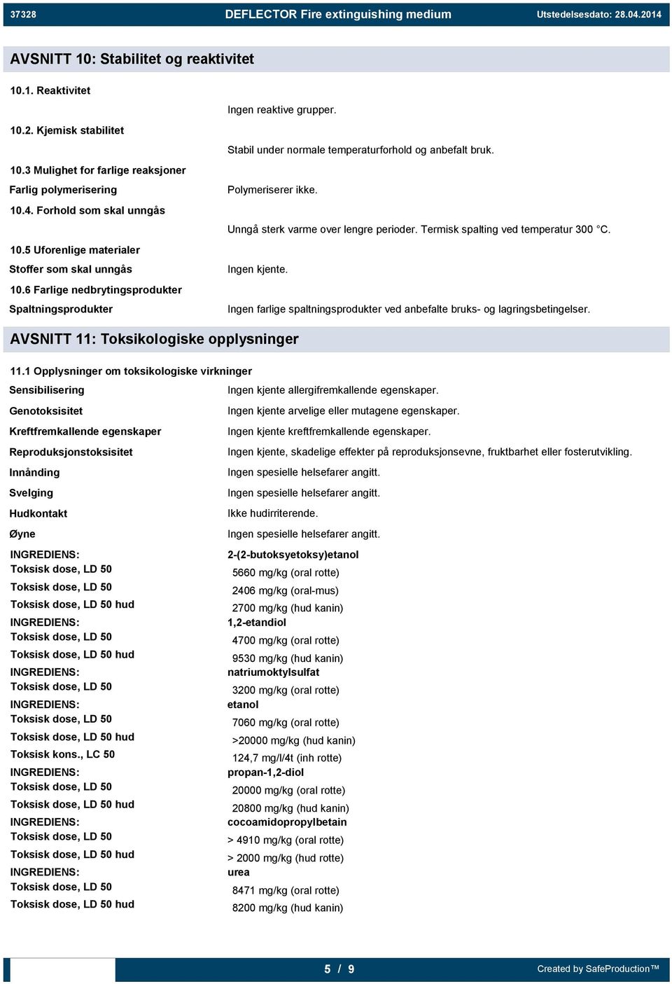 Polymeriserer ikke. Unngå sterk varme over lengre perioder. Termisk spalting ved temperatur 300 C. Ingen kjente. Ingen farlige spaltningsprodukter ved anbefalte bruks- og lagringsbetingelser.