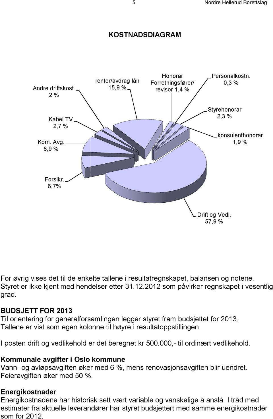 Styret er ikke kjent med hendelser etter 31.12.2012 som påvirker regnskapet i vesentlig grad. BUDSJETT FOR 2013 Til orientering for generalforsamlingen legger styret fram budsjettet for 2013.