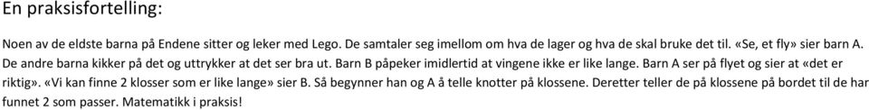 De andre barna kikker på det og uttrykker at det ser bra ut. Barn B påpeker imidlertid at vingene ikke er like lange.