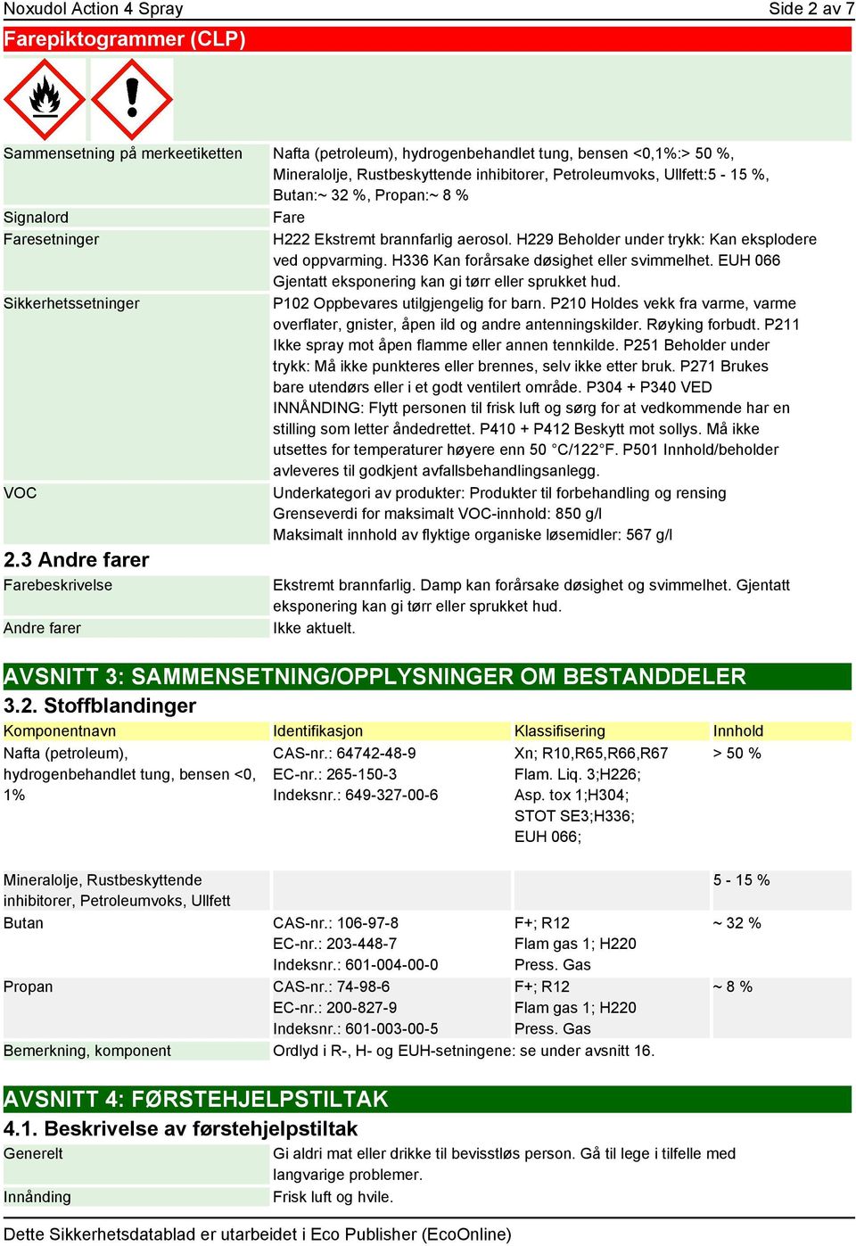 H336 Kan forårsake døsighet eller svimmelhet. EUH 066 Gjentatt eksponering kan gi tørr eller sprukket hud. Sikkerhetssetninger P102 Oppbevares utilgjengelig for barn.