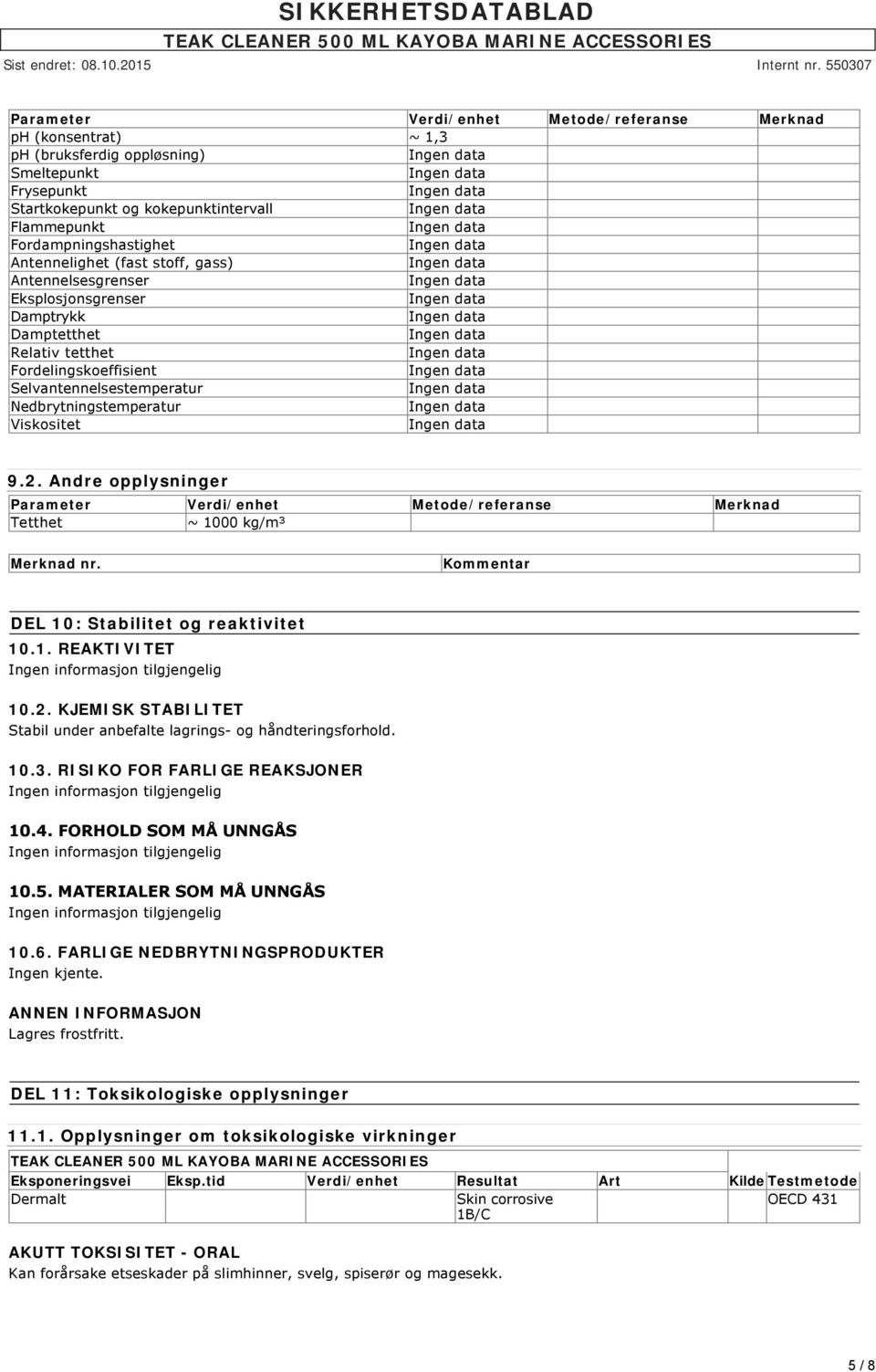 Andre opplysninger Parameter Verdi/enhet Metode/referanse Merknad Tetthet ~ 1000 kg/m³ Merknad nr. Kommentar DEL 10: Stabilitet og reaktivitet 10.1. REAKTIVITET Ingen informasjon tilgjengelig 10.2.