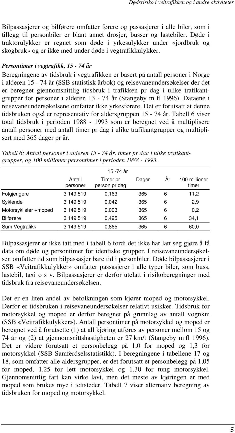 Persontimer i vegtrafikk, 15-74 år Beregningene av tidsbruk i vegtrafikken er basert på antall personer i Norge i alderen 15-74 år (SSB statistisk årbok) og reisevaneundersøkelser der det er beregnet