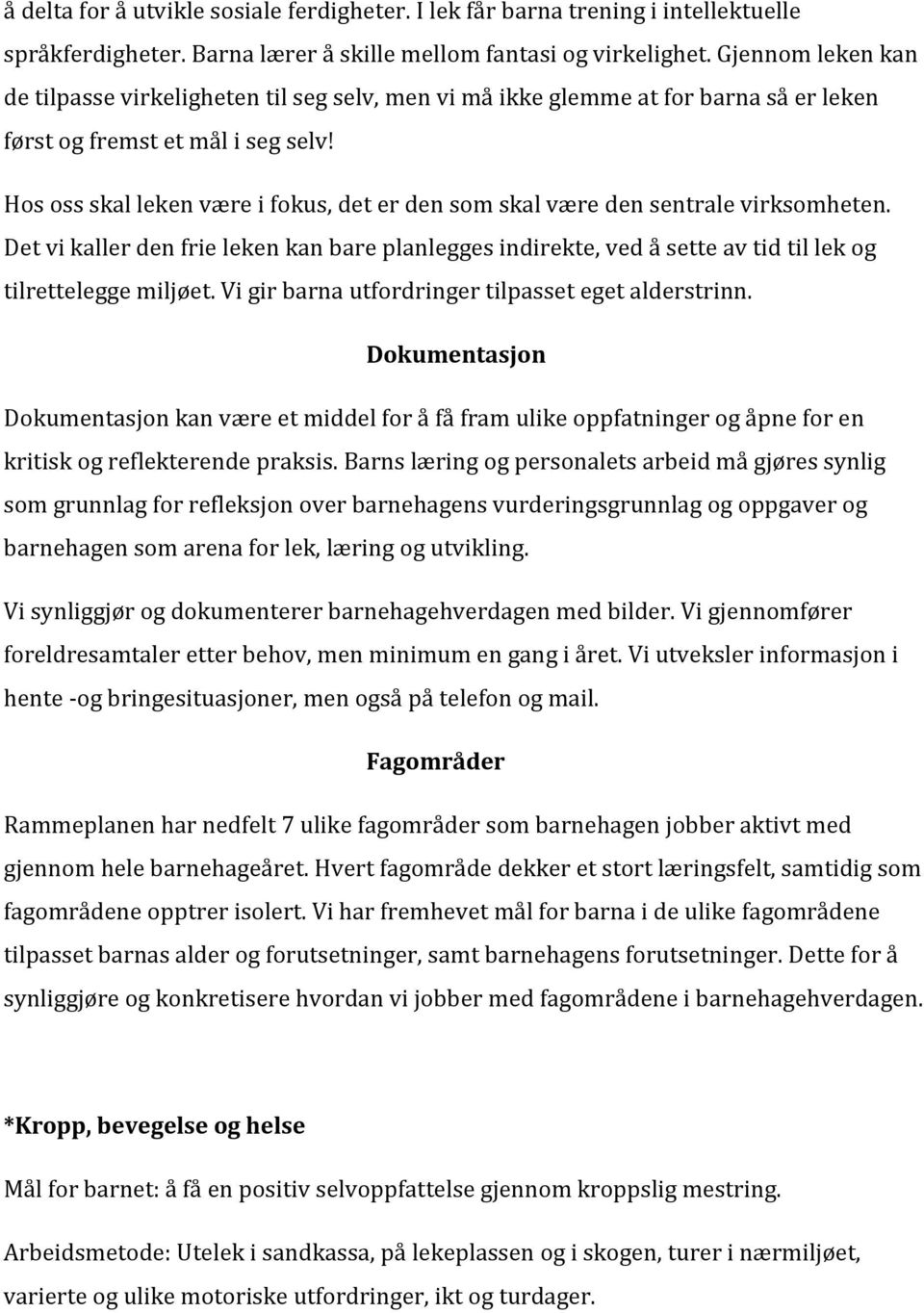 Hos oss skal leken være i fokus, det er den som skal være den sentrale virksomheten. Det vi kaller den frie leken kan bare planlegges indirekte, ved å sette av tid til lek og tilrettelegge miljøet.