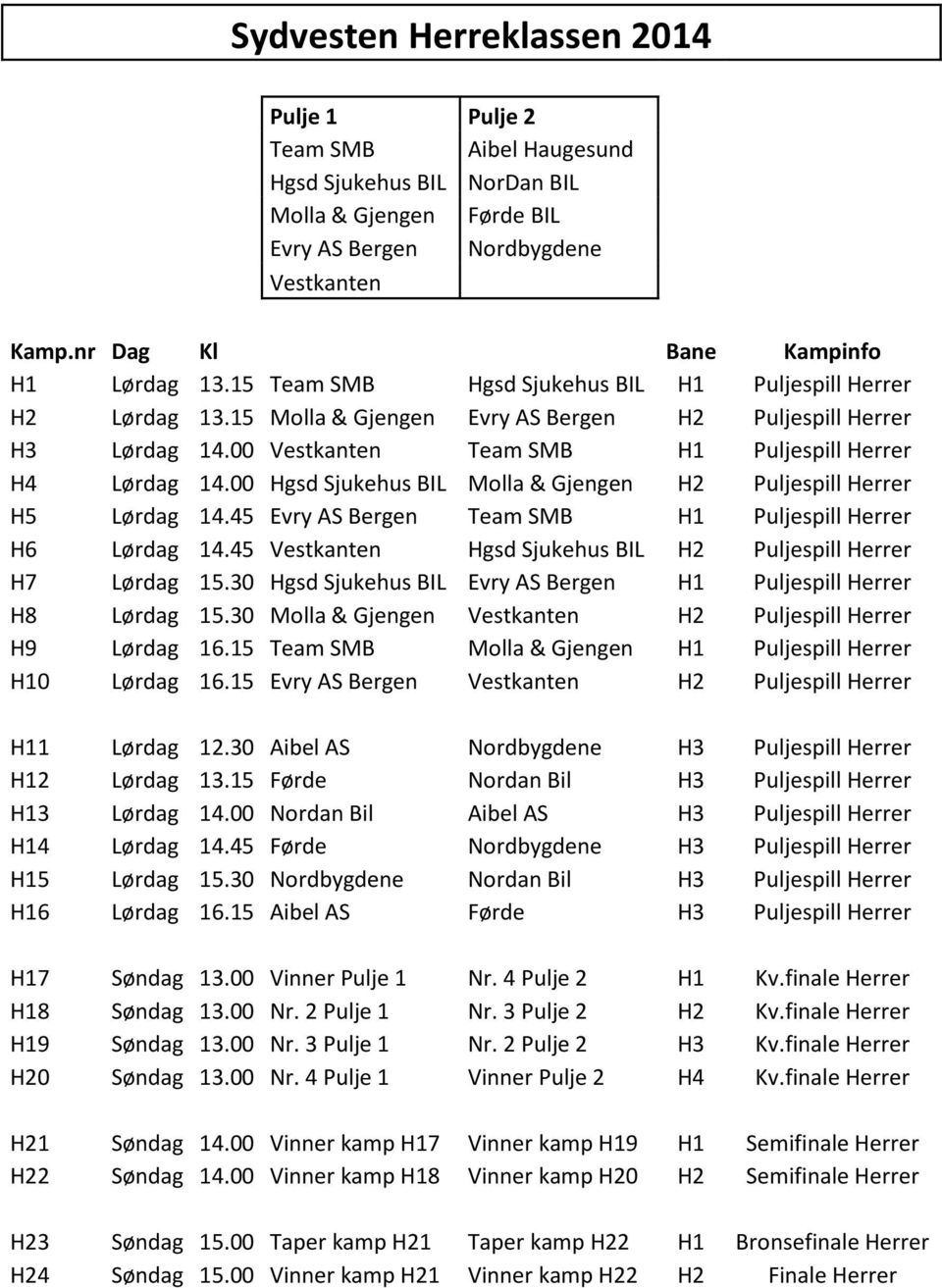 00 Vestkanten Team SMB H1 Puljespill Herrer H4 Lørdag 14.00 Hgsd Sjukehus BIL Molla & Gjengen H2 Puljespill Herrer H5 Lørdag 14.45 Evry AS Bergen Team SMB H1 Puljespill Herrer H6 Lørdag 14.