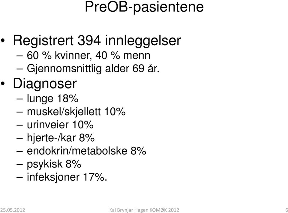 Diagnoser lunge 18% muskel/skjellett 10% urinveier 10% hjerte-/kar