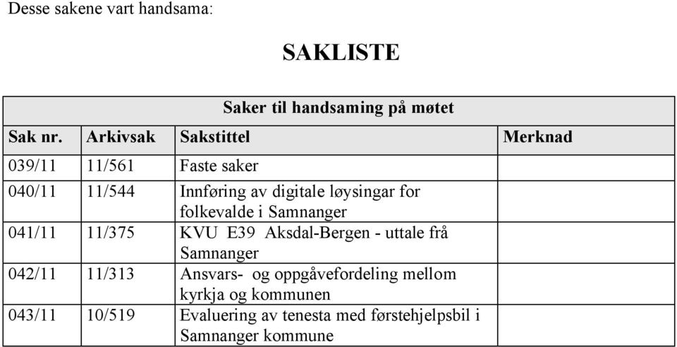 for folkevalde i Samnanger 041/11 11/375 KVU E39 Aksdal-Bergen - uttale frå Samnanger 042/11 11/313