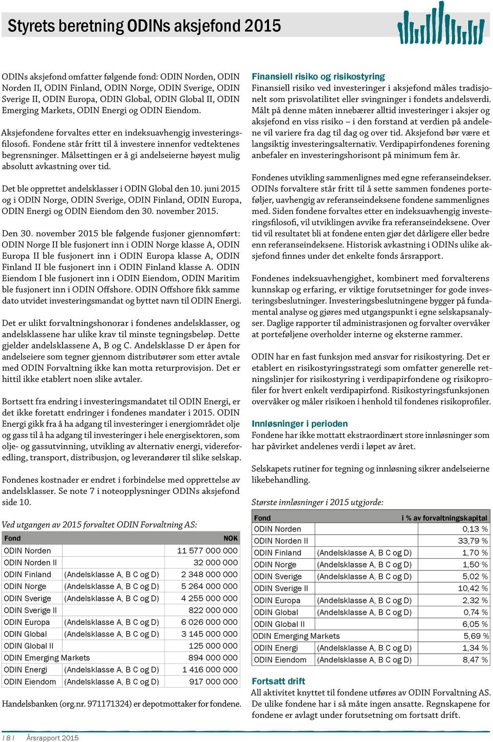 Fondene står fritt til å investere innenfor vedtektenes begrensninger. Målsettingen er å gi andelseierne høyest mulig absolutt avkastning over tid. Det ble opprettet andelsklasser i ODIN Global den 1.