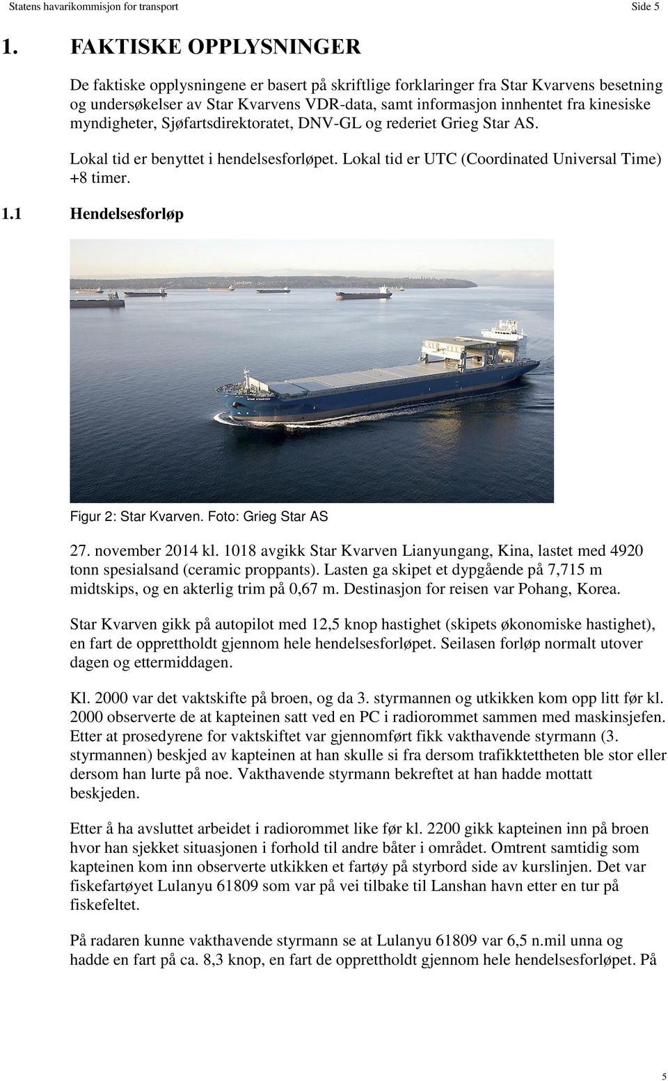 myndigheter, Sjøfartsdirektoratet, DNV-GL og rederiet Grieg Star AS. Lokal tid er benyttet i hendelsesforløpet. Lokal tid er UTC (Coordinated Universal Time) +8 timer. 1.